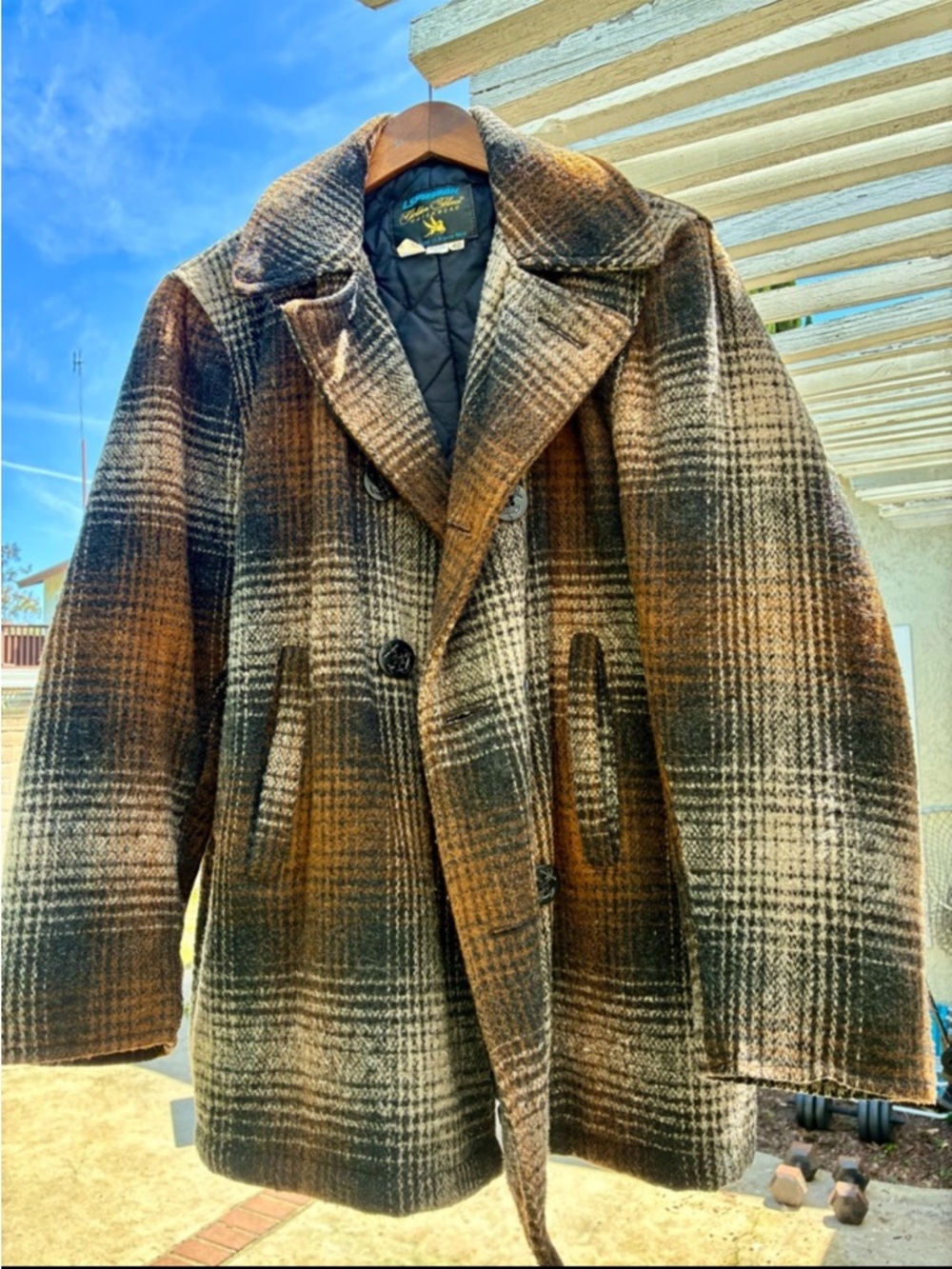 Men's Plaid Pea Coat Wool Blend Overcoat Jacket - Brown/Black